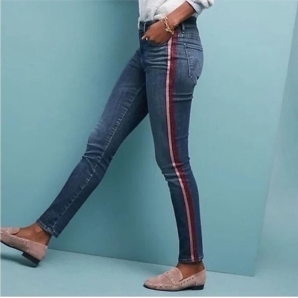 NWT MOTHER High Waisted Looker Jeans Here Kitty Kitty Glitter Racer Stripes 25 - Picture 1 of 9